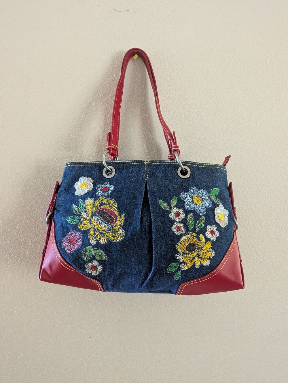 Oilily Denim Shoulder Bag with Red Trim and Floral Embroidery